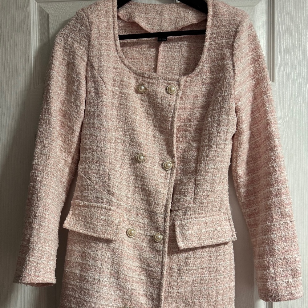 Pink Tweed Blazer Dress – Pearl Button Jacket Dress – Size X-Small